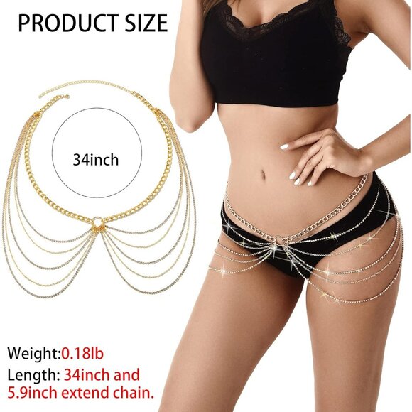 Rhinestone Body Chains Jewelry For Women And Girls Sexy Belly Waist Chain Bikini - Picture 2 of 6